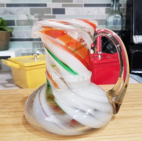 Hand Blown Art Glass Pitcher Orange Green White Swirl Design 20oz - Picture 12 of 12